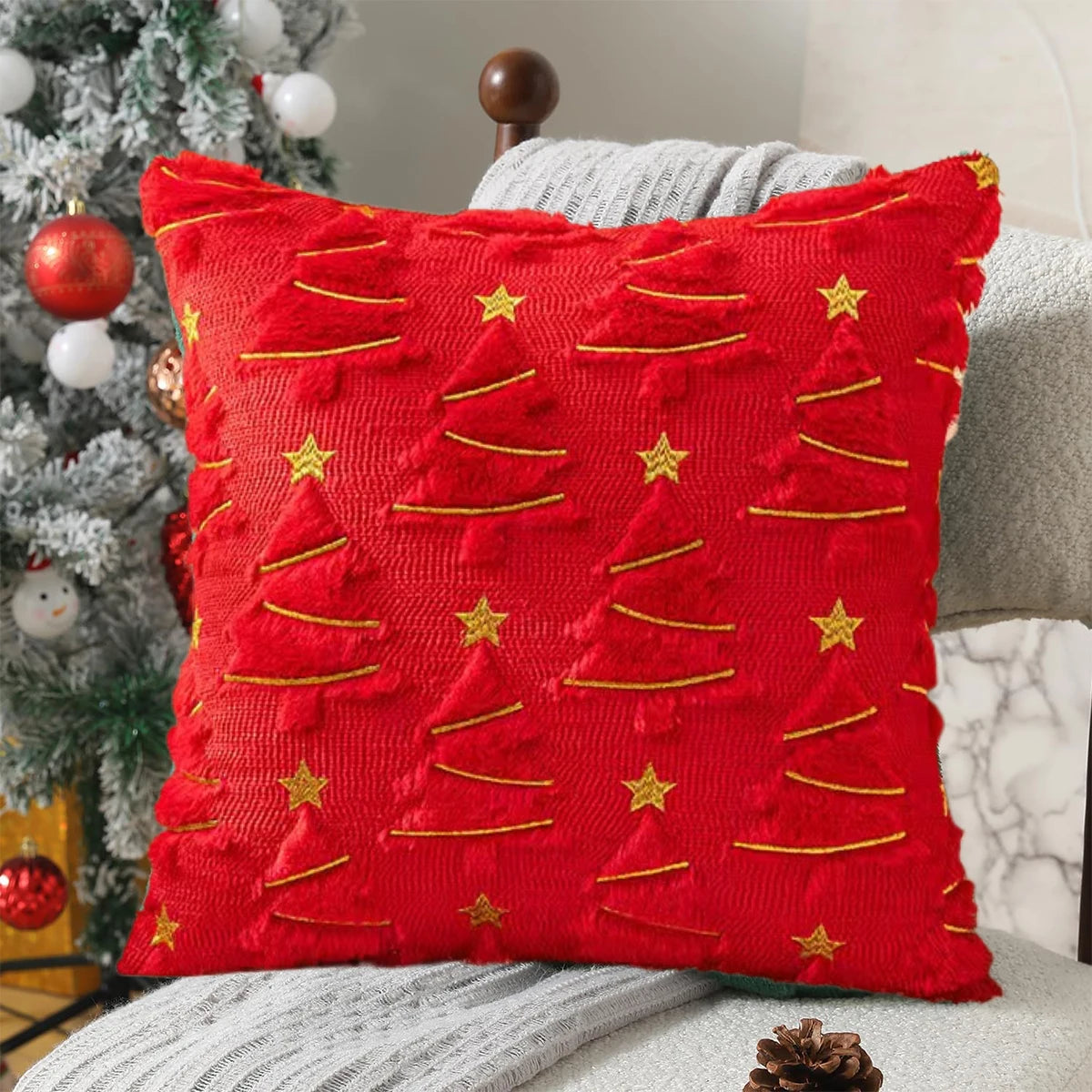 1pc plush Christmas tree Pillow Covers, emerald plush Christmas tree pillowcase with golden stars and pine branches design -18in