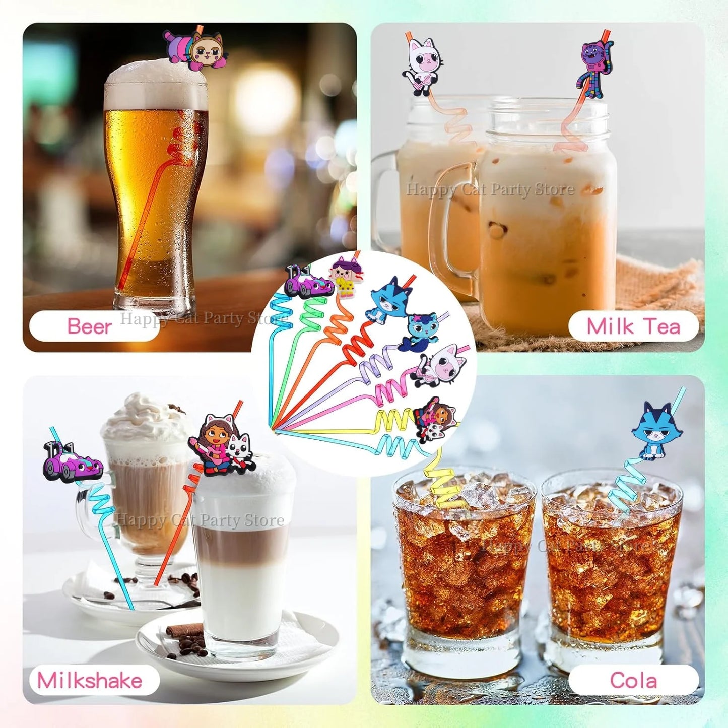Gabby Kids Straws Cartoon Gabby Cat Reusable Drinking Straw Gabby Dollhouse Cats Straws Birthday Party Supplies Baby Shower Toys