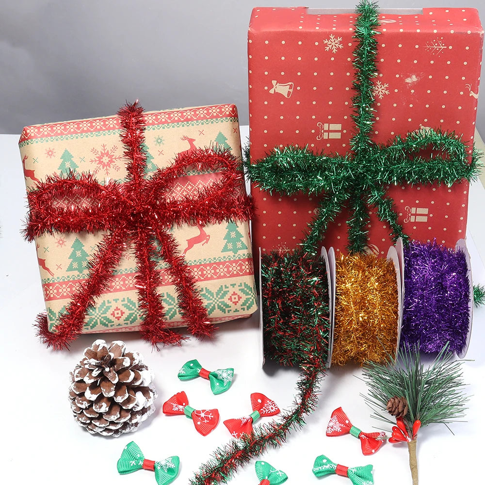10Yards Christmas Ribbon Garland Cane Foil Tinsel Glitter Metallic Xmas Tree Wrapping Ribbons Ornaments DIY New Year Party Decor