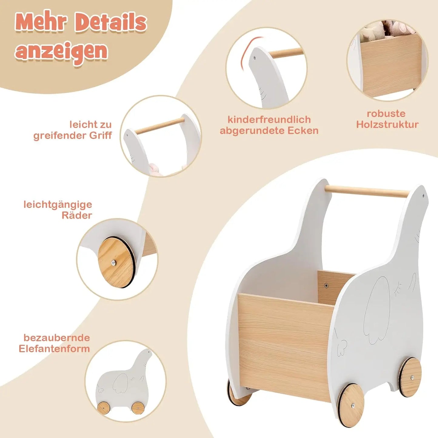 2 in 1 Wooden Baby Walker with Large Toy Box, Elephant Shape, for Children from 1 Year Old, 32 x 48 x 56 cm (White)