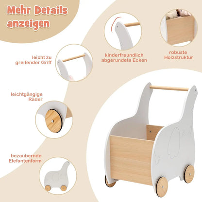 2 in 1 Wooden Baby Walker with Large Toy Box, Elephant Shape, for Children from 1 Year Old, 32 x 48 x 56 cm (White)