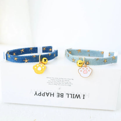 pet collar with bells and safety buckles, cute denim punk style accessories, suitable for cats and dogs