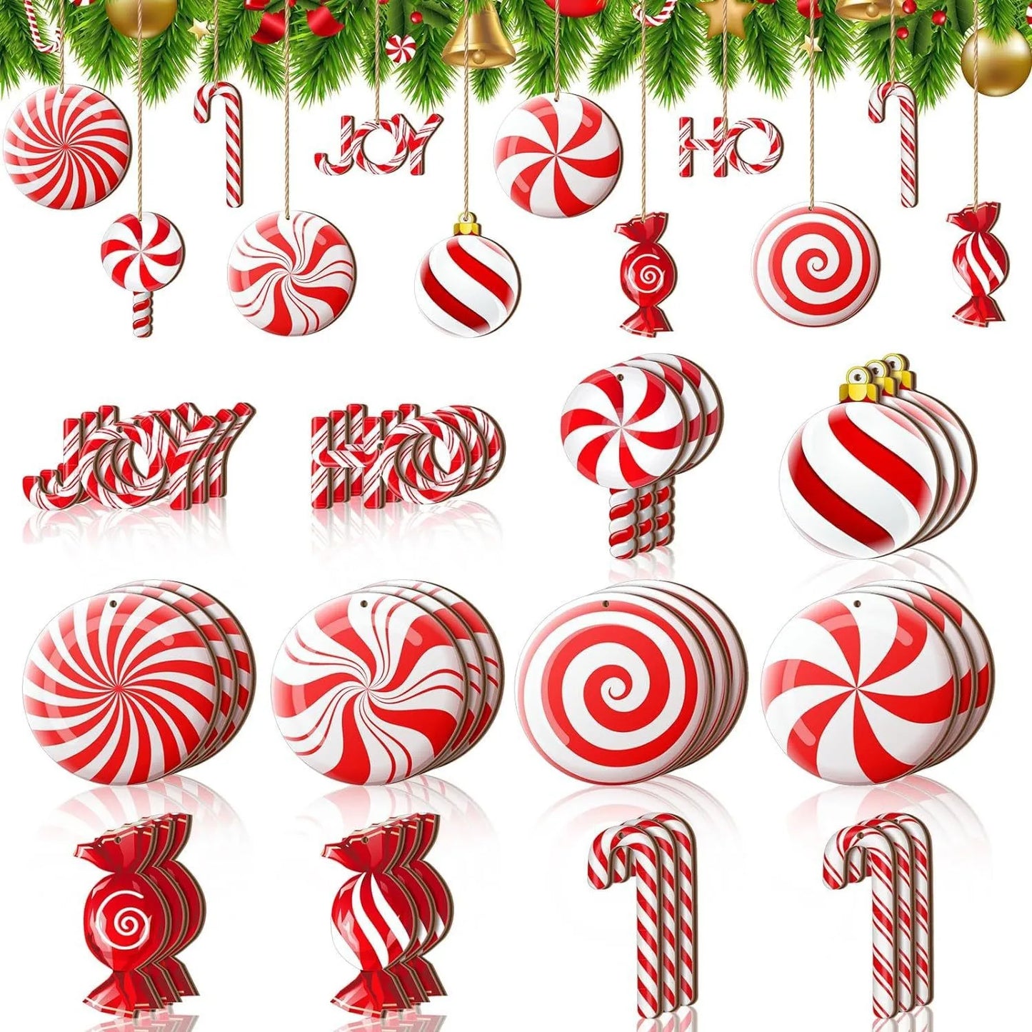 12PCS Wooden Christmas Candy Hanging Ornaments Red White Candy Tree Ornaments Christmas New Year Party Home Decoration