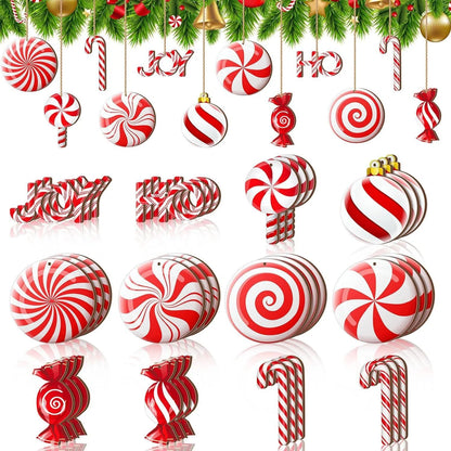 12PCS Wooden Christmas Candy Hanging Ornaments Red White Candy Tree Ornaments Christmas New Year Party Home Decoration