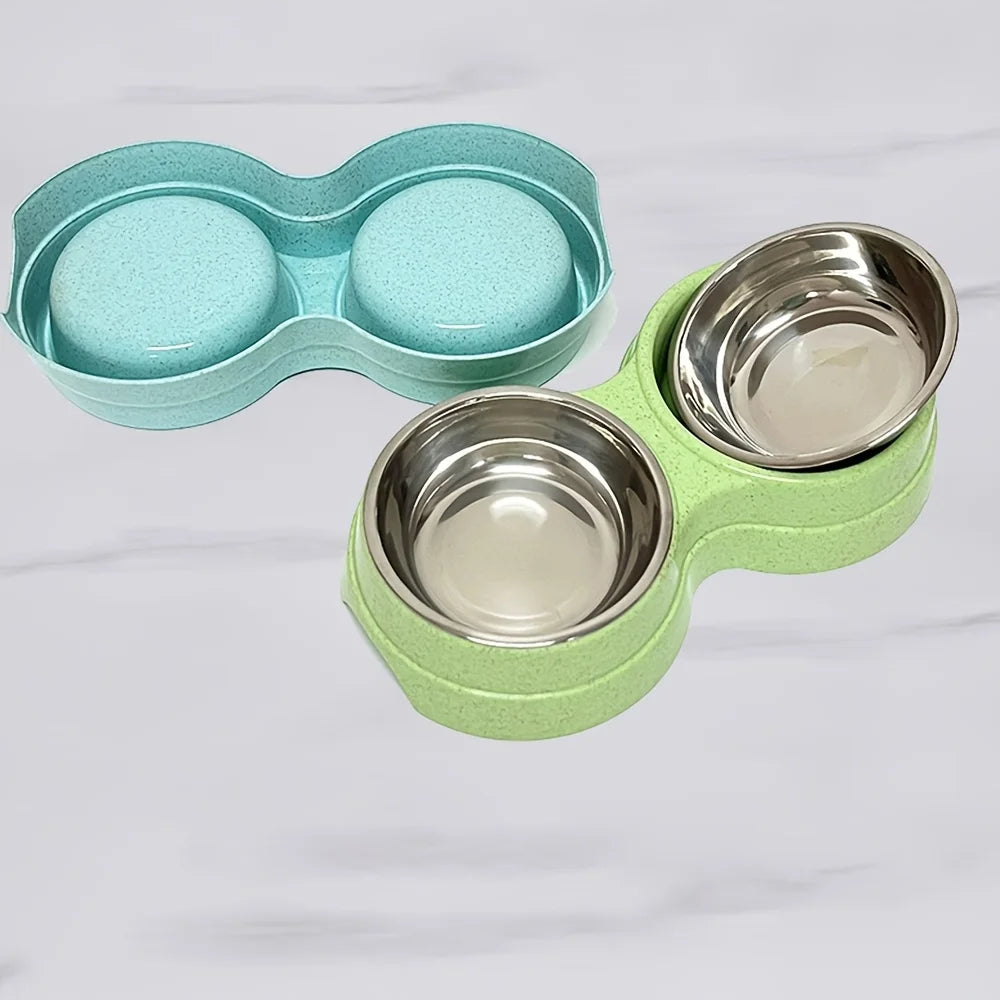 1 PCS Dual Bowl Stainless Steel Double Pet Bowls for Dogs and Cats - Non-Skid Base - Perfect for Food and Water - Easy to Clean