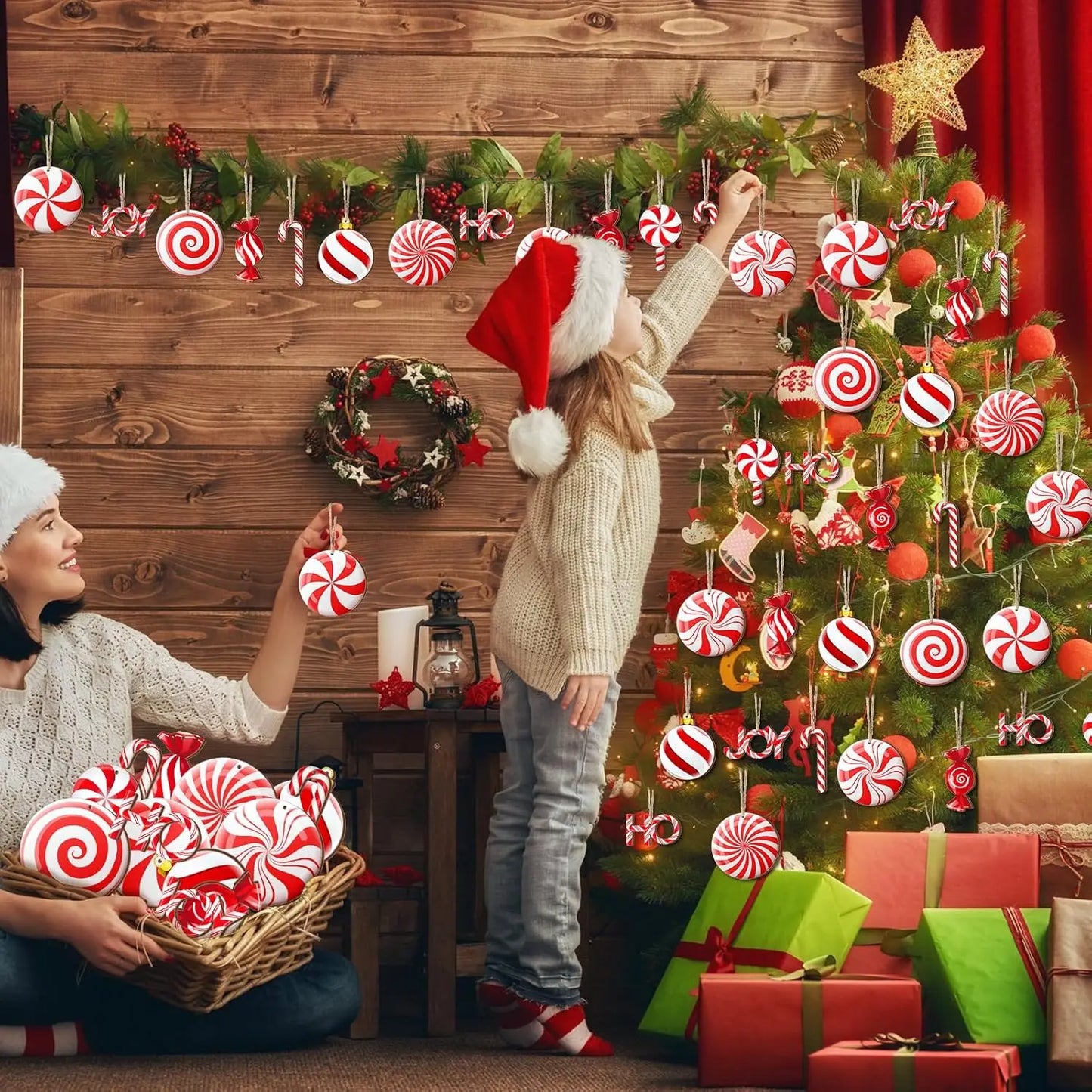 12PCS Wooden Christmas Candy Hanging Ornaments Red White Candy Tree Ornaments Christmas New Year Party Home Decoration