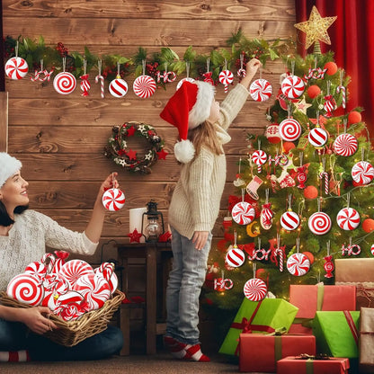 12PCS Wooden Christmas Candy Hanging Ornaments Red White Candy Tree Ornaments Christmas New Year Party Home Decoration
