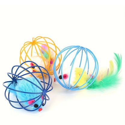New Pet Toys Creative Pet Cats Toys Plush Mouse Feather Tail Painted Cage Kittens Self Entertaining Toy Pet Gifts Pet Supplies