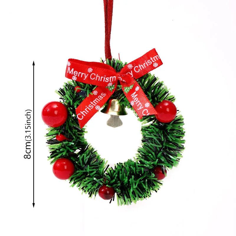 Merry Chrismas Wreath Pendant with Bell Car Door Hanging Decoration Mini Christmas Party Drop Wreath DollhouseOrnaments Supplies