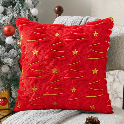 1pc plush Christmas tree Pillow Covers, emerald plush Christmas tree pillowcase with golden stars and pine branches design -18in