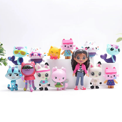13pcs Gabby Dollhouse Anime Figure Toy Smiling Car Cat Hug Gaby Girl Dolls Mercat Cartoon Action Figure Xmas Birthday Kids Gift