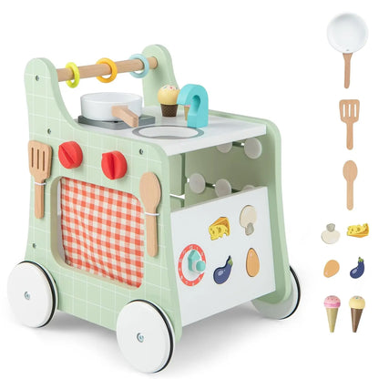 Wooden Walker with Play Kitchen, Learning Clock, Shape Adjustment & Movable Slider, Children's Kitchen Baby Walker with Wheels