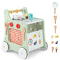 Wooden Walker with Play Kitchen, Learning Clock, Shape Adjustment & Movable Slider, Children's Kitchen Baby Walker with Wheels
