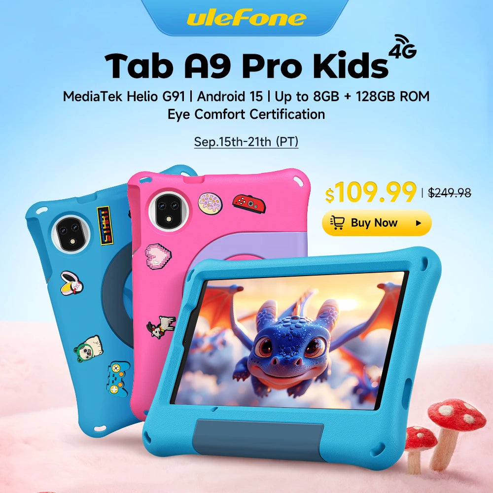 Ulefone Tab A9 Pro Kids Tablet 8.68" 90Hz Display 8GB(4+4) RAM 128GB ROM 4G MTK G91 Android 15 Tablet