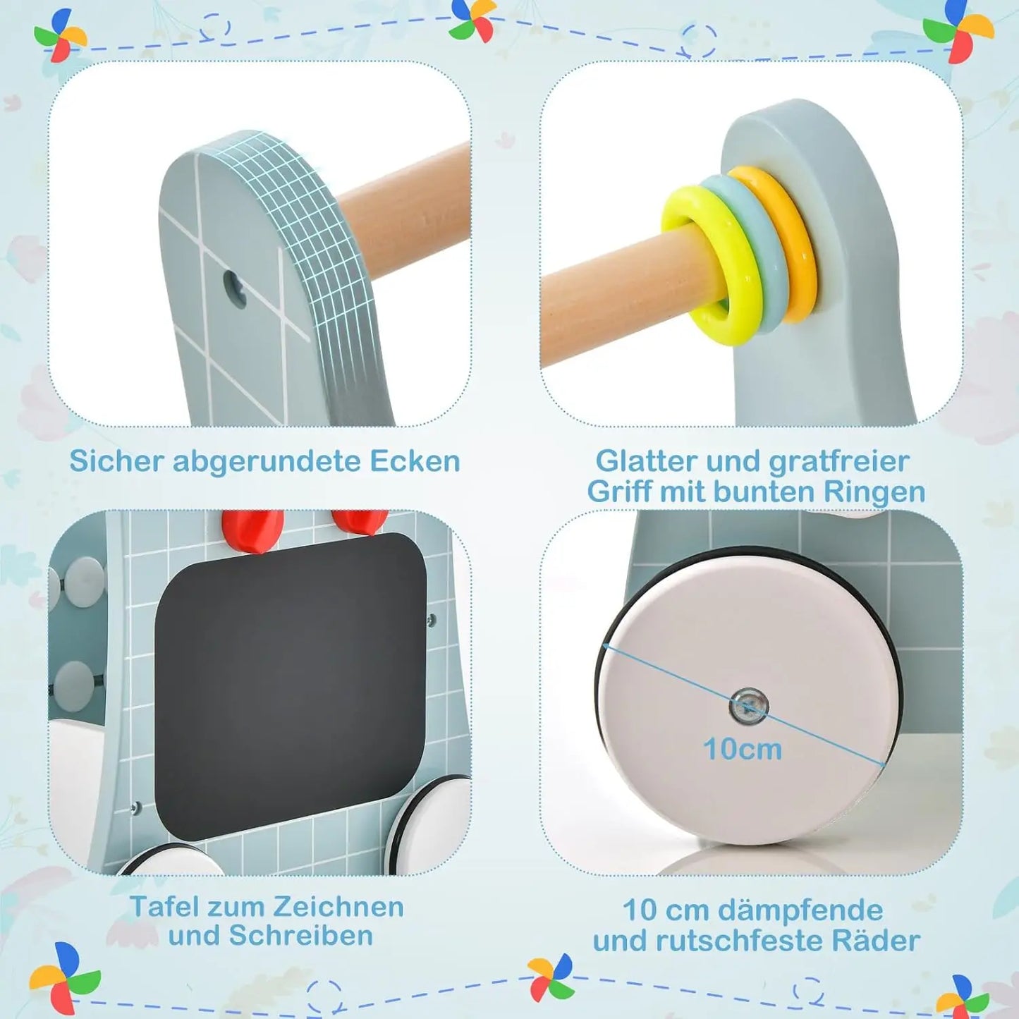 Wooden Walker with Play Kitchen, Learning Clock, Shape Adjustment & Movable Slider, Children's Kitchen Baby Walker with Wheels