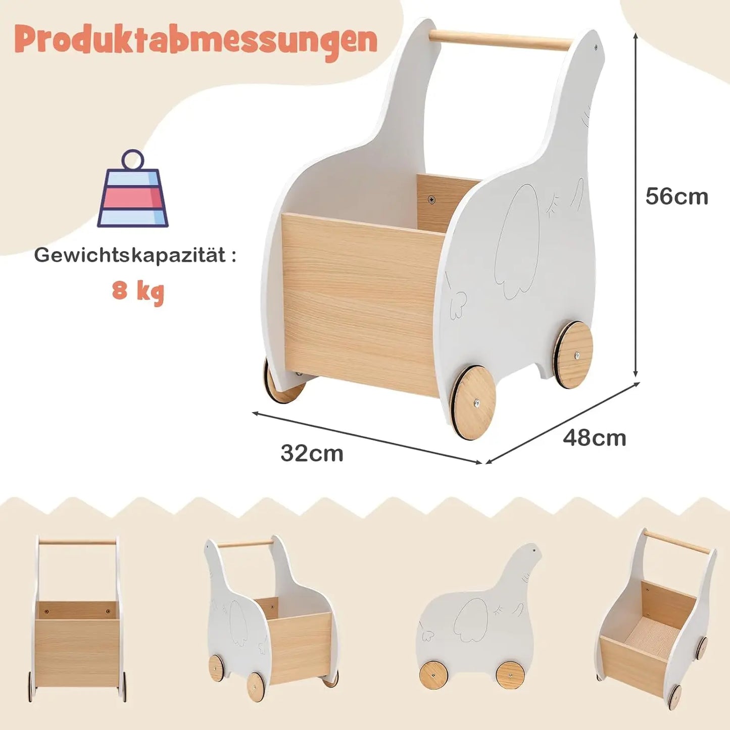 2 in 1 Wooden Baby Walker with Large Toy Box, Elephant Shape, for Children from 1 Year Old, 32 x 48 x 56 cm (White)