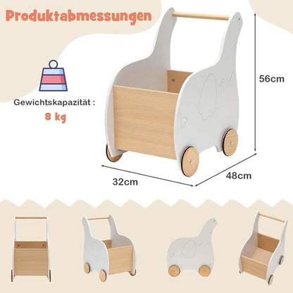 2 in 1 Wooden Baby Walker with Large Toy Box, Elephant Shape, for Children from 1 Year Old, 32 x 48 x 56 cm (White)