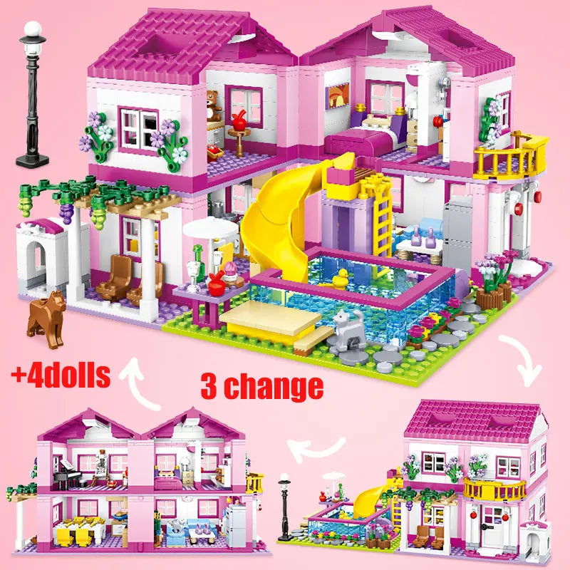 ZKZC 1018pcs City 1 Change 3 Summer Double-storey Villa House Building Blocks Friends Garden Flower Figures Bricks Toys Girls