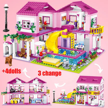 ZKZC 1018pcs City 1 Change 3 Summer Double-storey Villa House Building Blocks Friends Garden Flower Figures Bricks Toys Girls
