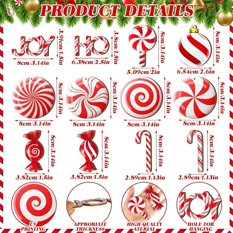 12PCS Wooden Christmas Candy Hanging Ornaments Red White Candy Tree Ornaments Christmas New Year Party Home Decoration