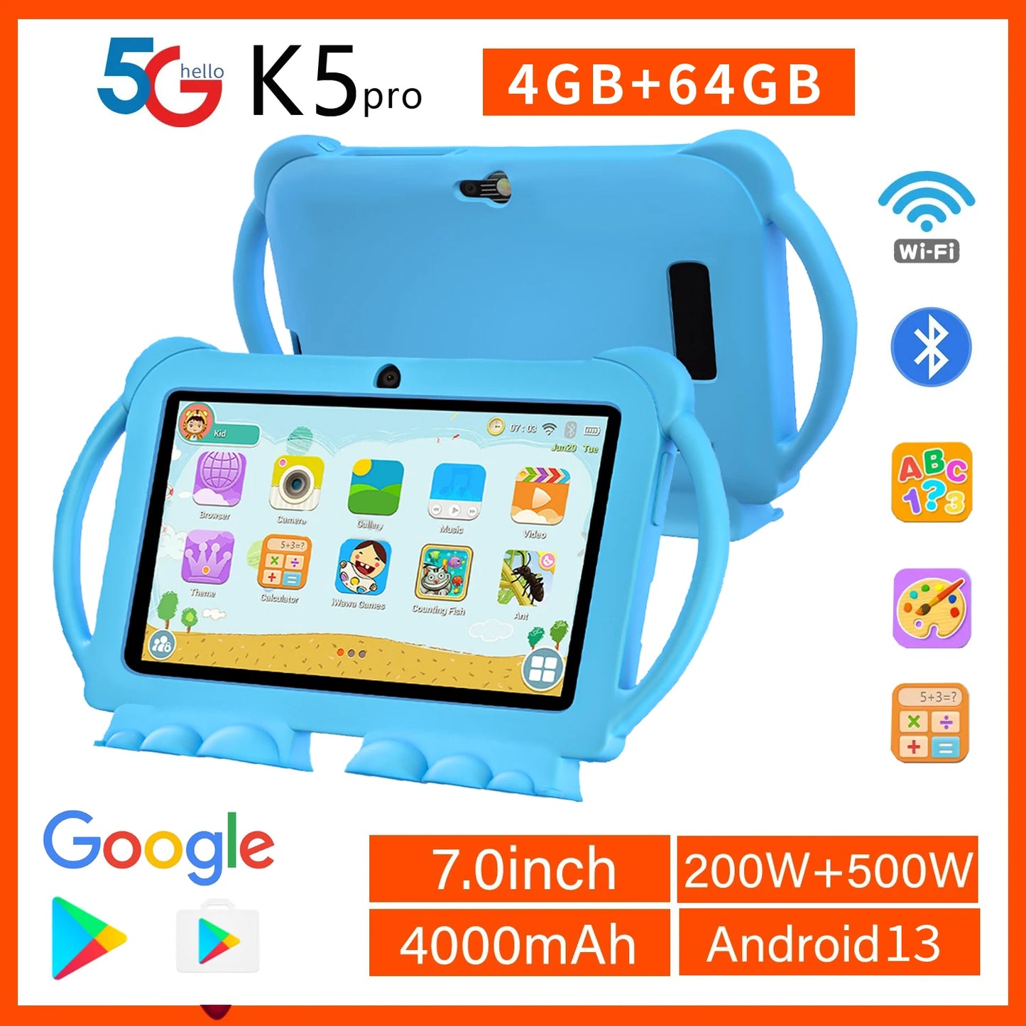 2025 New 7 Inch Kids Tablet with Cartoon Proof Case 5G WiFi Google Learning Education Tablet PC 4GB RAM 64GB ROM 4000mAh