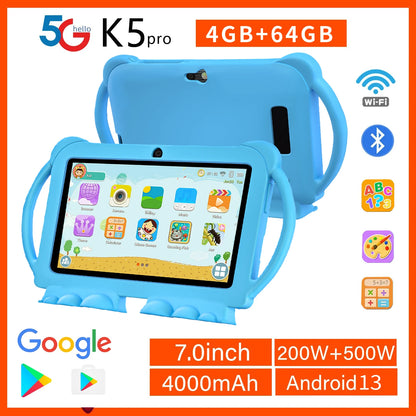 2025 New 7 Inch Kids Tablet with Cartoon Proof Case 5G WiFi Google Learning Education Tablet PC 4GB RAM 64GB ROM 4000mAh