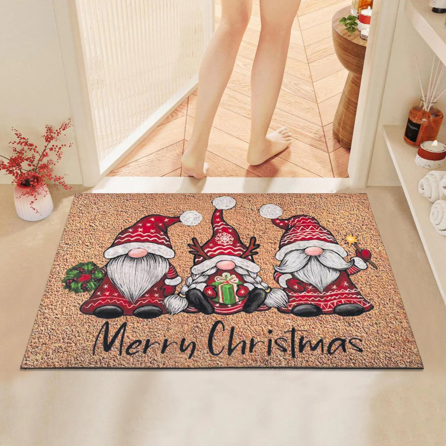 Christmas Carpet Cartoon Dwarf Door Mat Red Santa Claus Floor Mat Holiday Decoration Indoor and Outdoor Foot Mat Absorbent Mat
