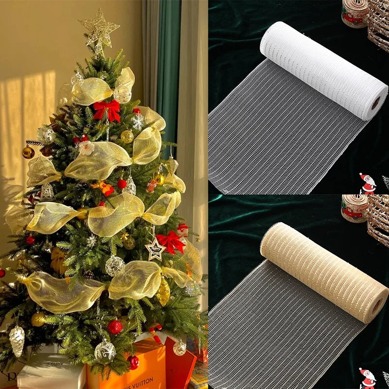 2024 Christmas Ribbon Tree Decoration Mesh Tulle Roll Fabric Pendant Merry Christmas Home Decor Xmas Gifts DIY Happy New Year