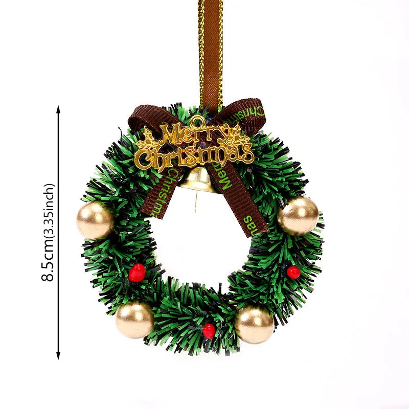 Merry Chrismas Wreath Pendant with Bell Car Door Hanging Decoration Mini Christmas Party Drop Wreath DollhouseOrnaments Supplies