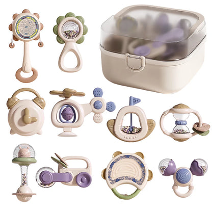 10Pcs Baby Rattles & Teethers Set Infant Toys 6+ Months Teether Grasping Shake Toys Sensory Toy with Soft Textures Newborn Gifts