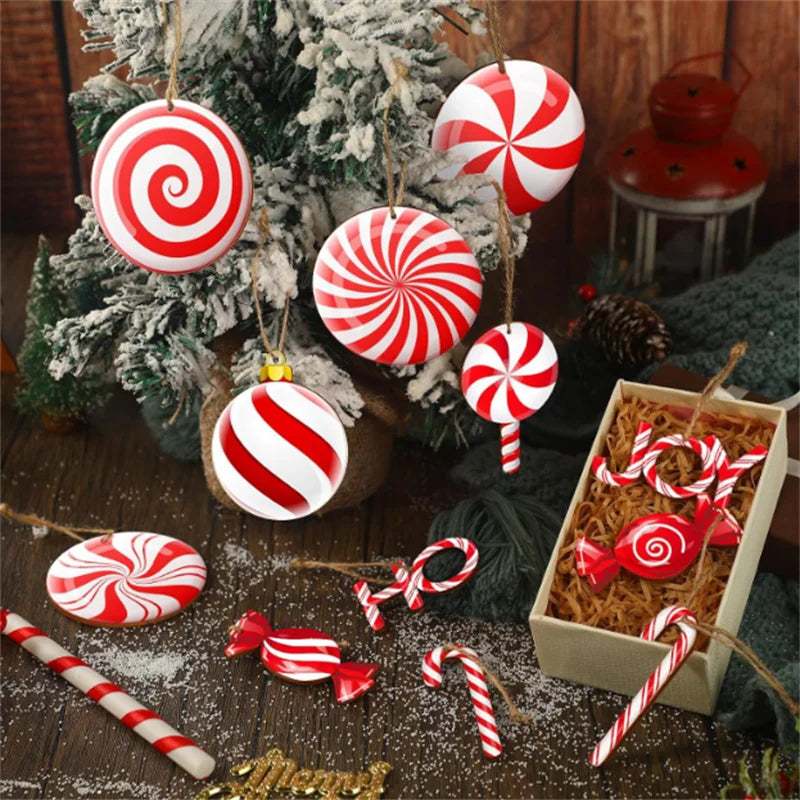 12PCS Wooden Christmas Candy Hanging Ornaments Red White Candy Tree Ornaments Christmas New Year Party Home Decoration