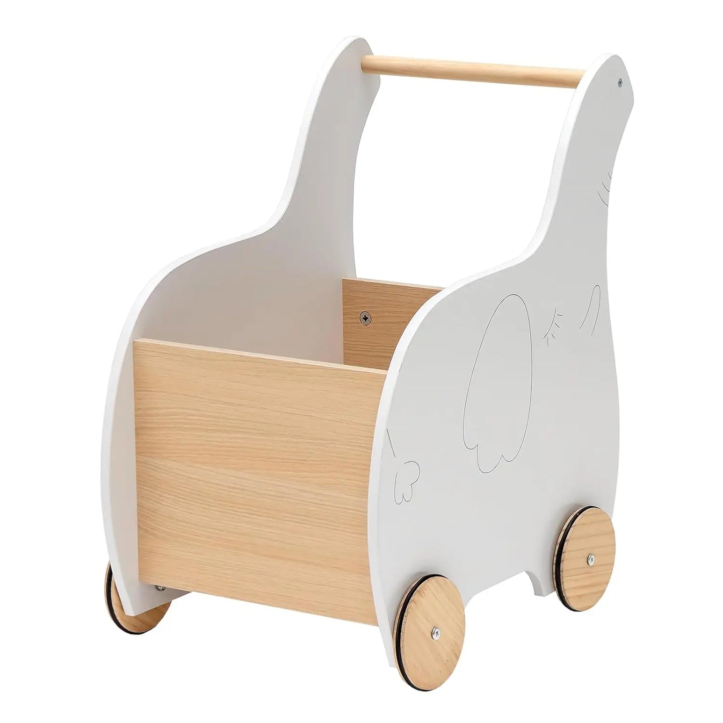 2 in 1 Wooden Baby Walker with Large Toy Box, Elephant Shape, for Children from 1 Year Old, 32 x 48 x 56 cm (White)