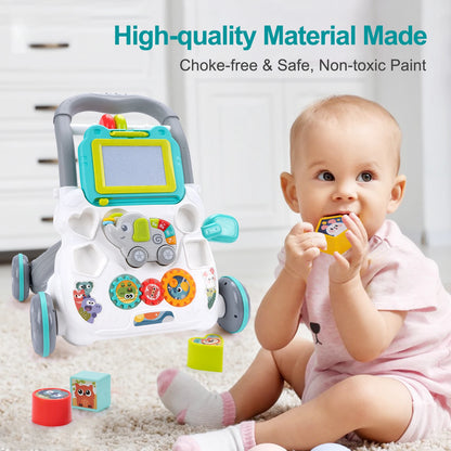 Baby Cartoon Push Walker Toy with Music Drawing Board Multifunction Activity Learning Walk Toddler Walker for 6-15 Months Infant