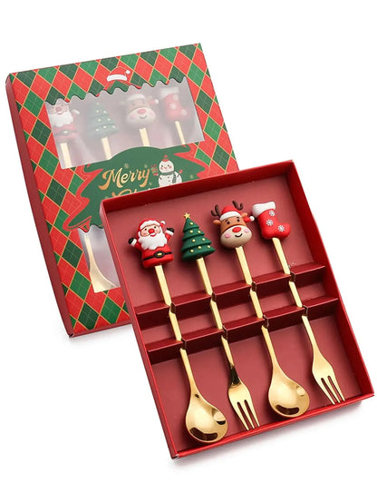 2/4/6Pcs Christmas Fork And Spoon Set,Stainless Steel Creative Tableware,Coffee Tea Dessert Forks And Spoons Gift Set