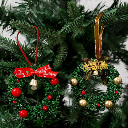 Merry Chrismas Wreath Pendant with Bell Car Door Hanging Decoration Mini Christmas Party Drop Wreath DollhouseOrnaments Supplies