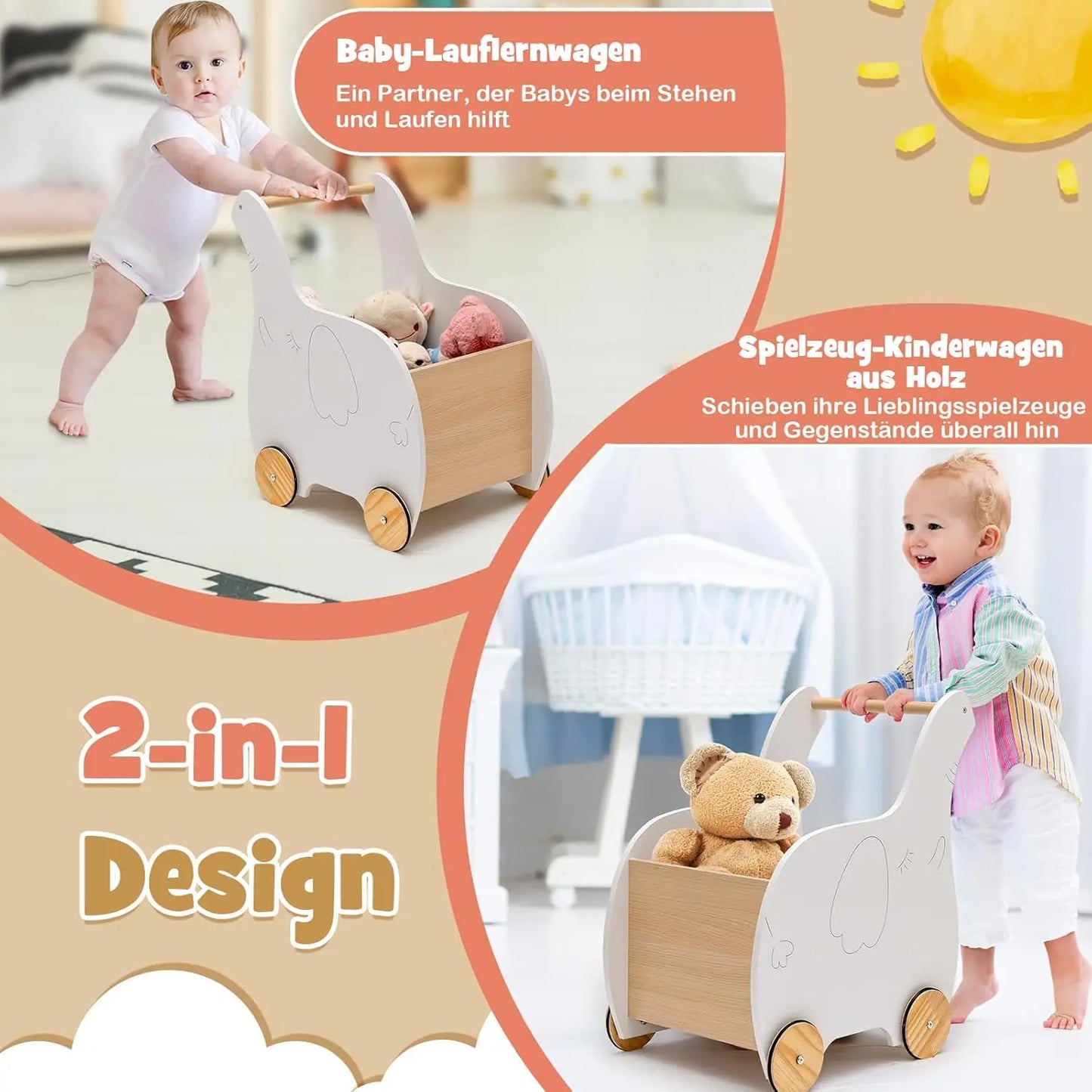 2 in 1 Wooden Baby Walker with Large Toy Box, Elephant Shape, for Children from 1 Year Old, 32 x 48 x 56 cm (White)