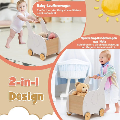 2 in 1 Wooden Baby Walker with Large Toy Box, Elephant Shape, for Children from 1 Year Old, 32 x 48 x 56 cm (White)