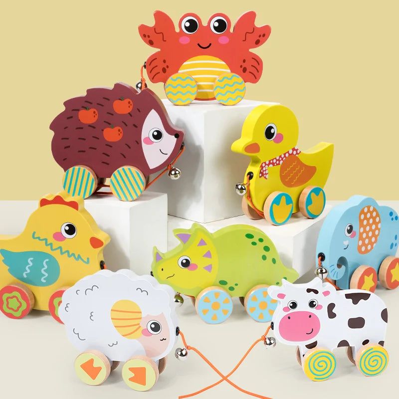 Montessori Early education Wooden Animal Car Toys Children Drag Car for kids Learning Walk and Have Fun Gift