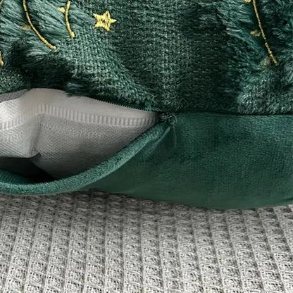 1pc plush Christmas tree Pillow Covers, emerald plush Christmas tree pillowcase with golden stars and pine branches design -18in