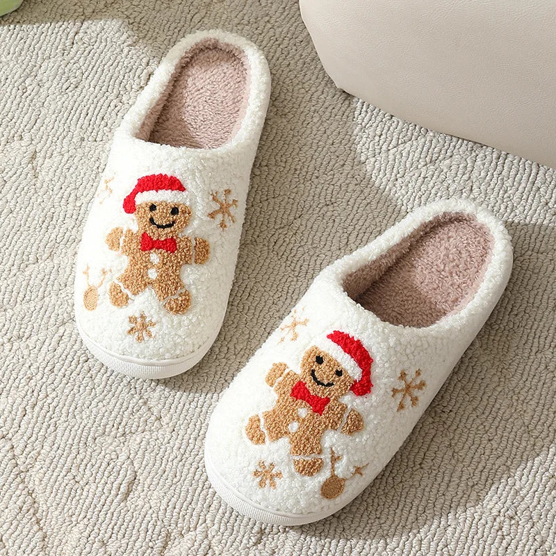 Christmas Women Slippers Cute Gingerbread Winter Warm Slides Couple Houseshoes Men Bedroom Flat Soft Sole Home Shoes for Gift