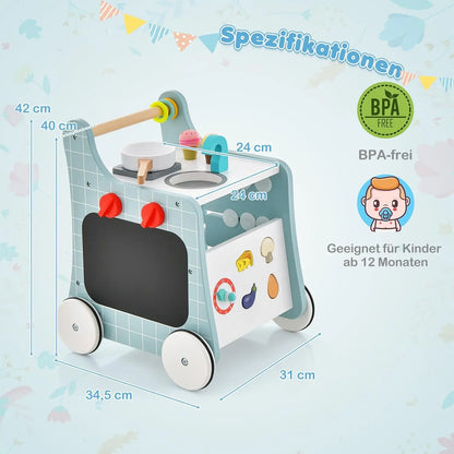 Wooden Walker with Play Kitchen, Learning Clock, Shape Adjustment & Movable Slider, Children's Kitchen Baby Walker with Wheels