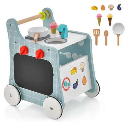 Wooden Walker with Play Kitchen, Learning Clock, Shape Adjustment & Movable Slider, Children's Kitchen Baby Walker with Wheels