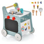 Wooden Walker with Play Kitchen, Learning Clock, Shape Adjustment & Movable Slider, Children's Kitchen Baby Walker with Wheels