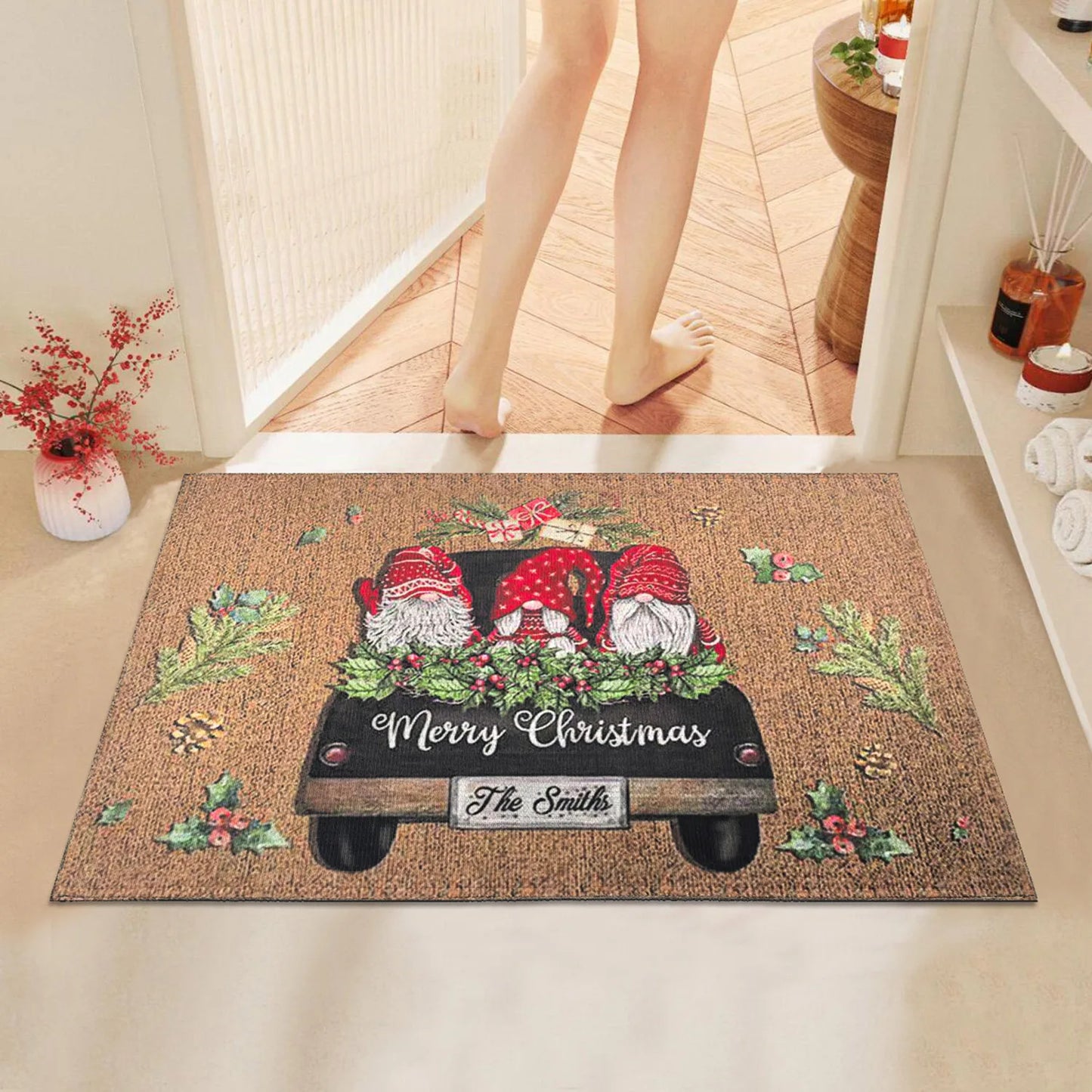 Christmas Carpet Cartoon Dwarf Door Mat Red Santa Claus Floor Mat Holiday Decoration Indoor and Outdoor Foot Mat Absorbent Mat