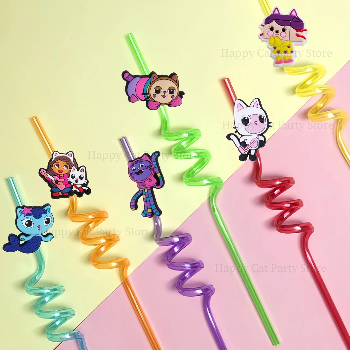 Gabby Kids Straws Cartoon Gabby Cat Reusable Drinking Straw Gabby Dollhouse Cats Straws Birthday Party Supplies Baby Shower Toys