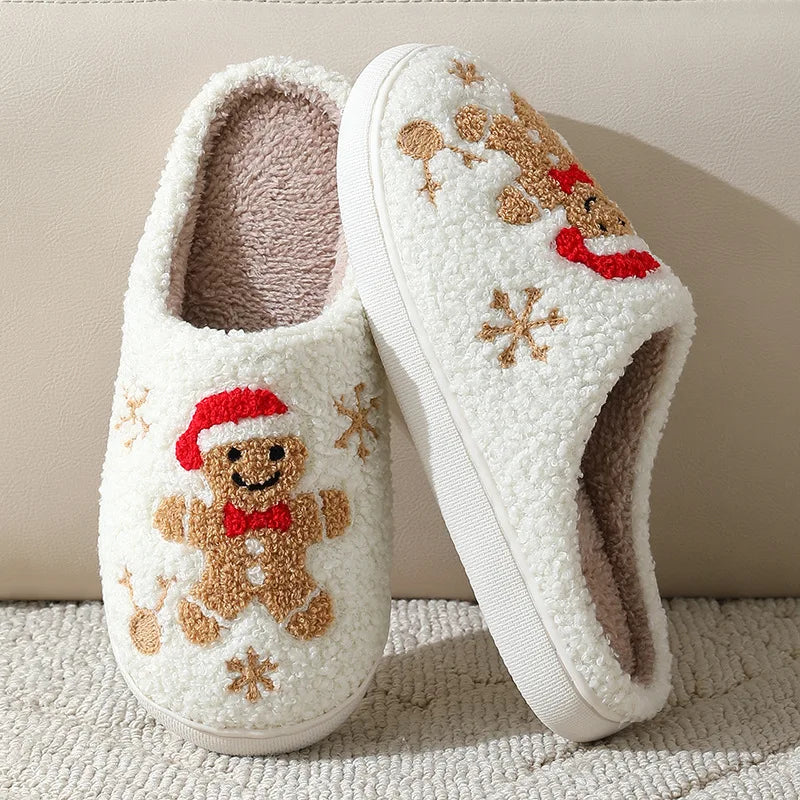 Christmas Women Slippers Cute Gingerbread Winter Warm Slides Couple Houseshoes Men Bedroom Flat Soft Sole Home Shoes for Gift