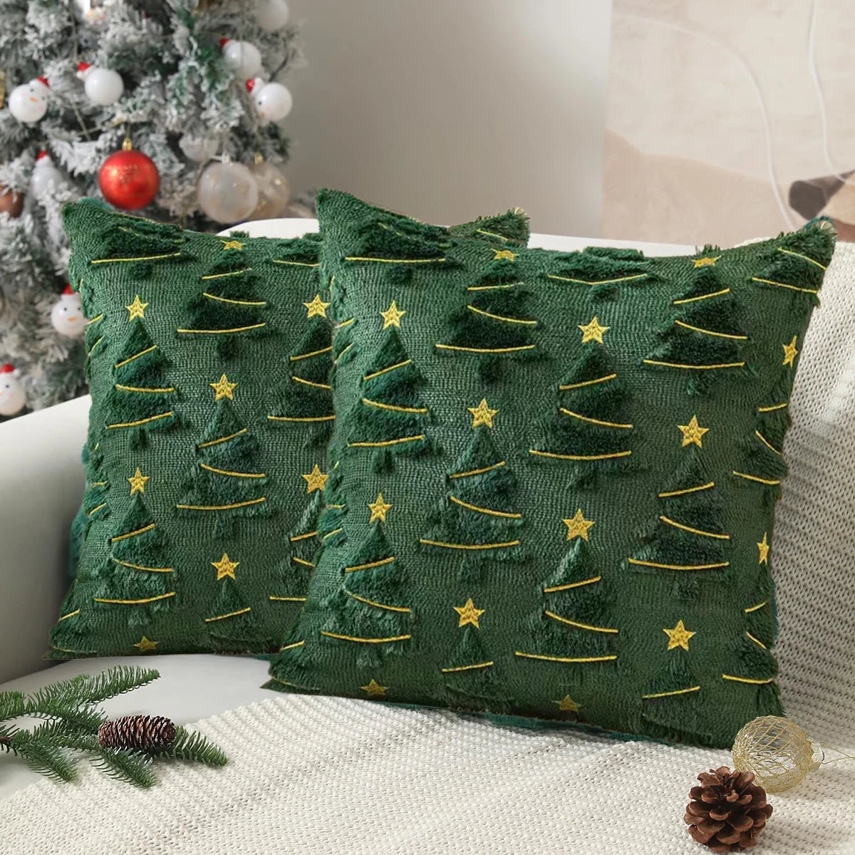 1pc plush Christmas tree Pillow Covers, emerald plush Christmas tree pillowcase with golden stars and pine branches design -18in