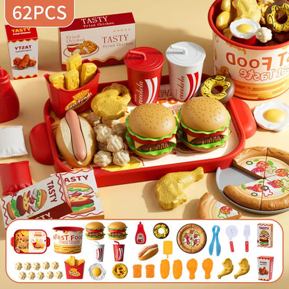 Kid Kitchen Toy Set Simulation Make Hamburger Pizza Fries Pretend Play Food Cooking Cutting Game Montessori Interactive Toy Gift
