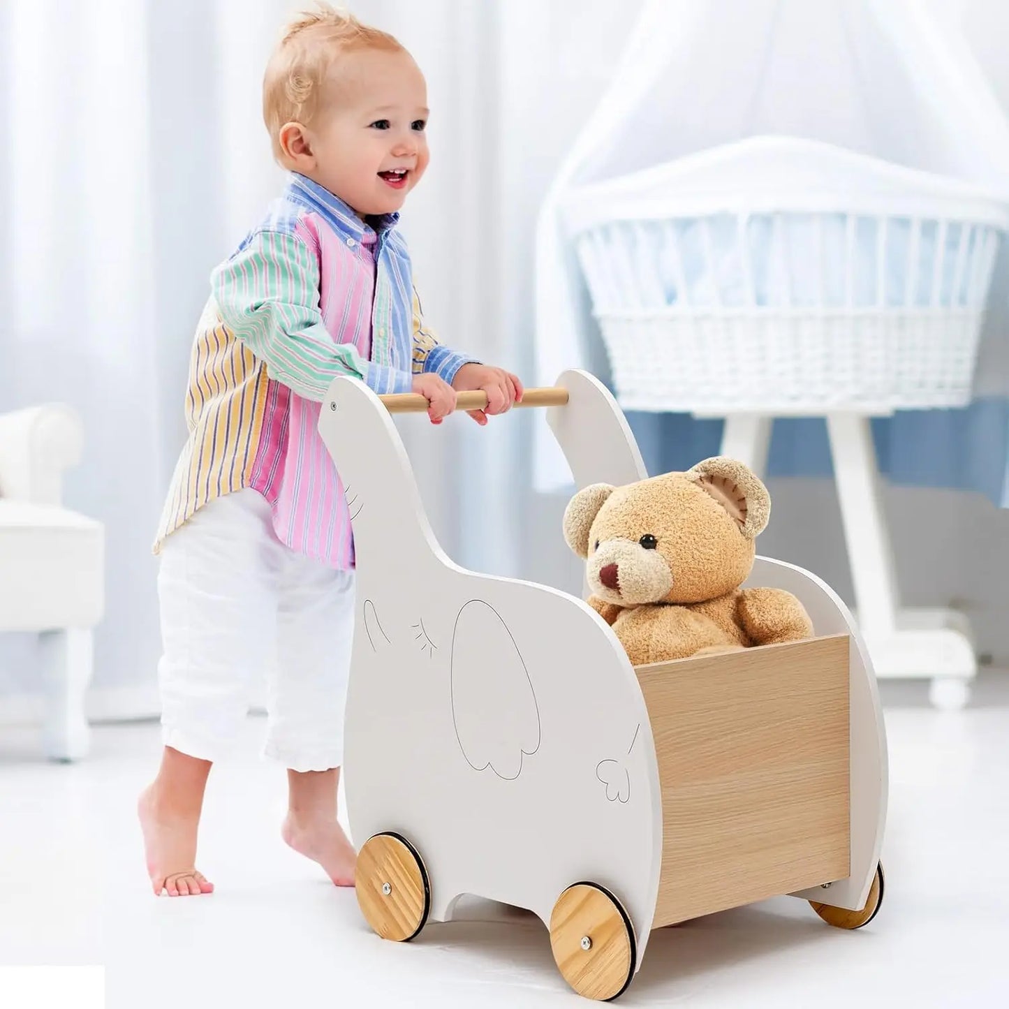 2 in 1 Wooden Baby Walker with Large Toy Box, Elephant Shape, for Children from 1 Year Old, 32 x 48 x 56 cm (White)