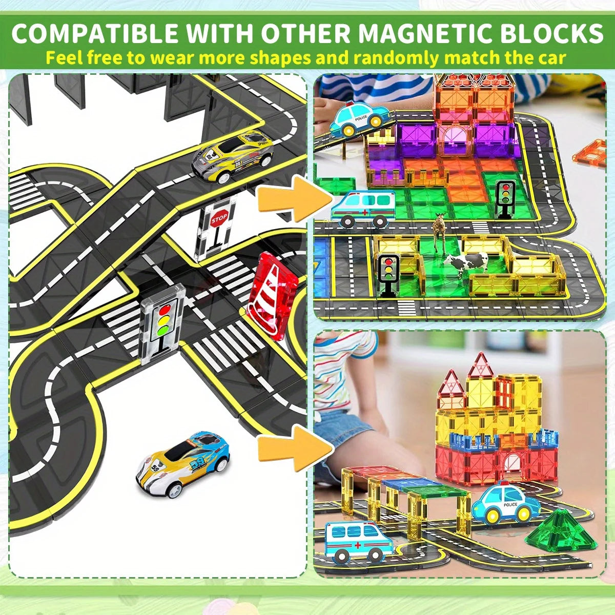 Magnetic Road Magnet Crane Car Toys, Magnetic Block Creativity And Educational Construction Toys for Kids Age 3-6 Birthday Gifts
